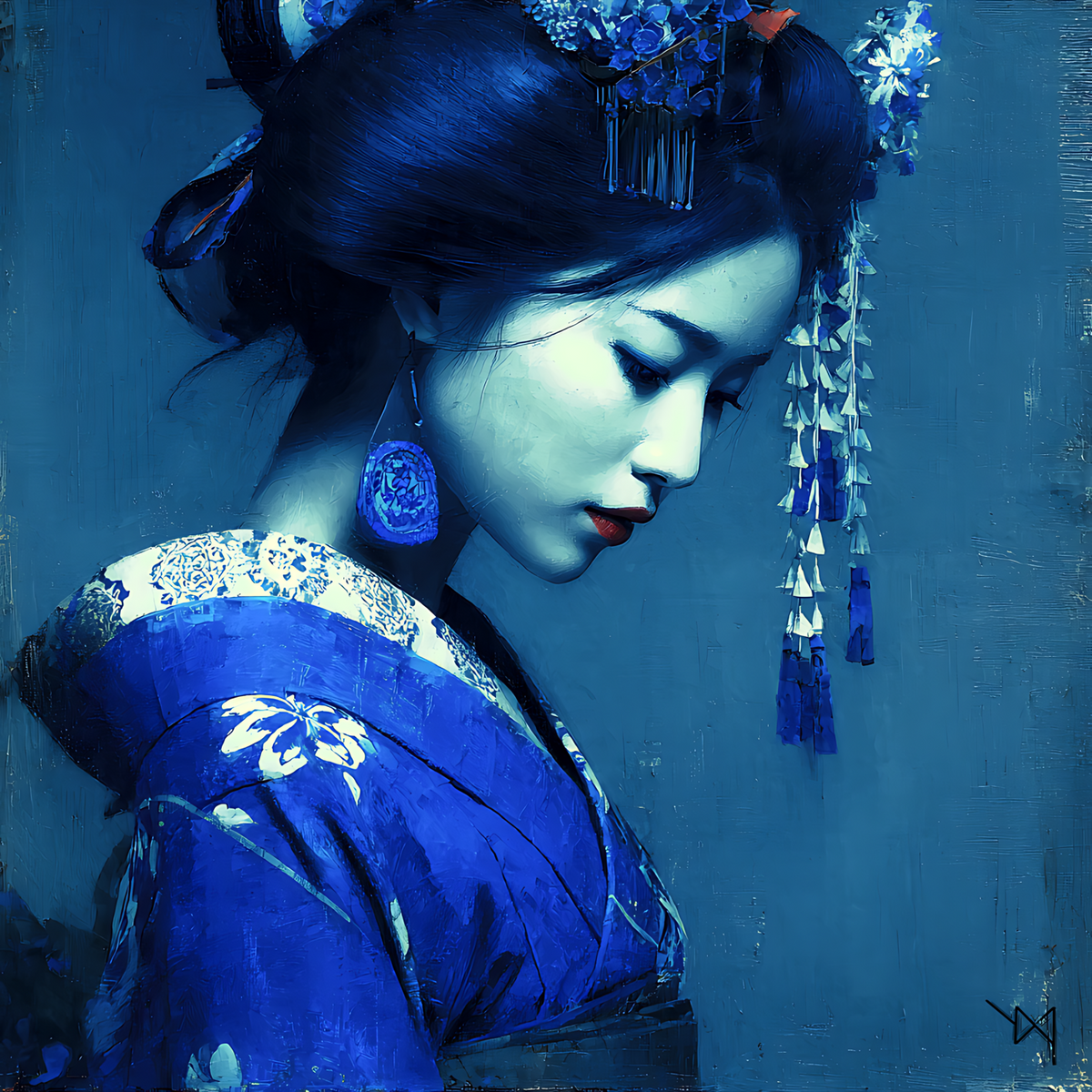 Bleu Silencieux — L'âme du Japon — portrait peint monochrome bleu d'une geisha de profil