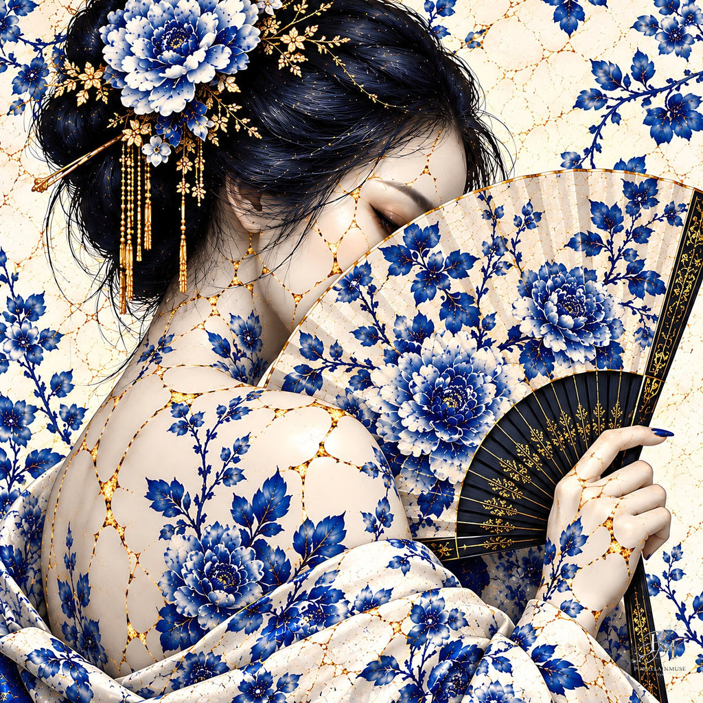 Whispers Behind the Fan — Kintsugi Geisha Limited-Edition Metal Print — PorcelainMuse