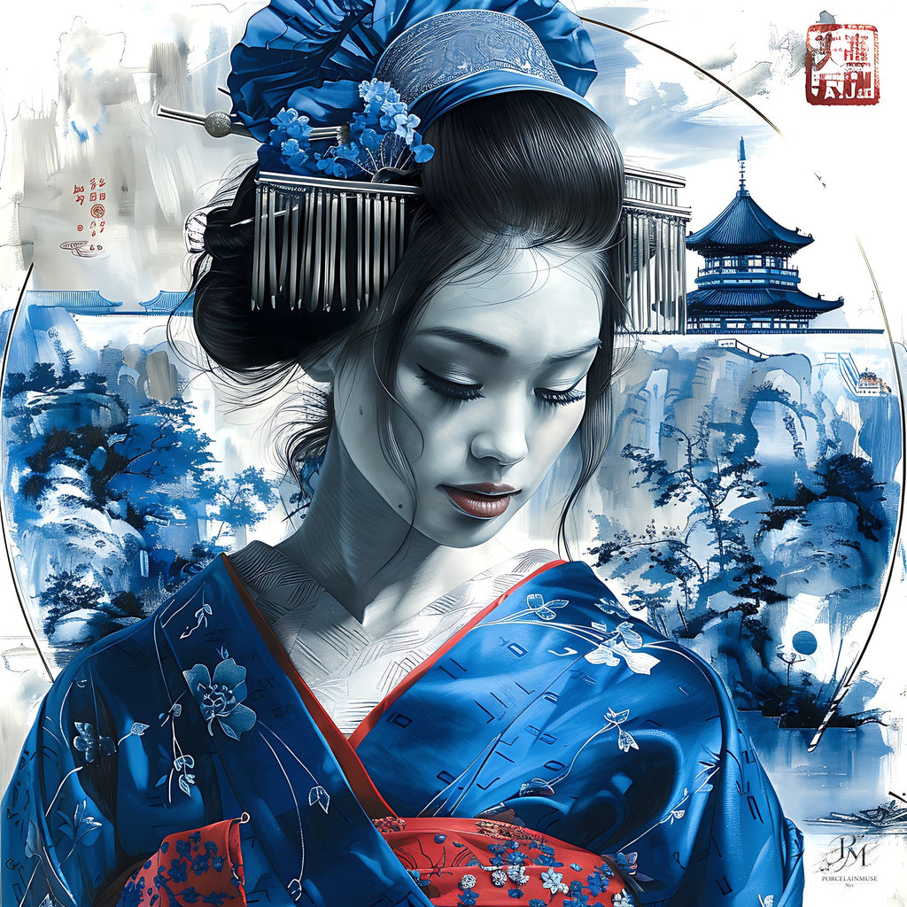 Beneath the Azure Pagoda — blue and white geisha portrait, main view