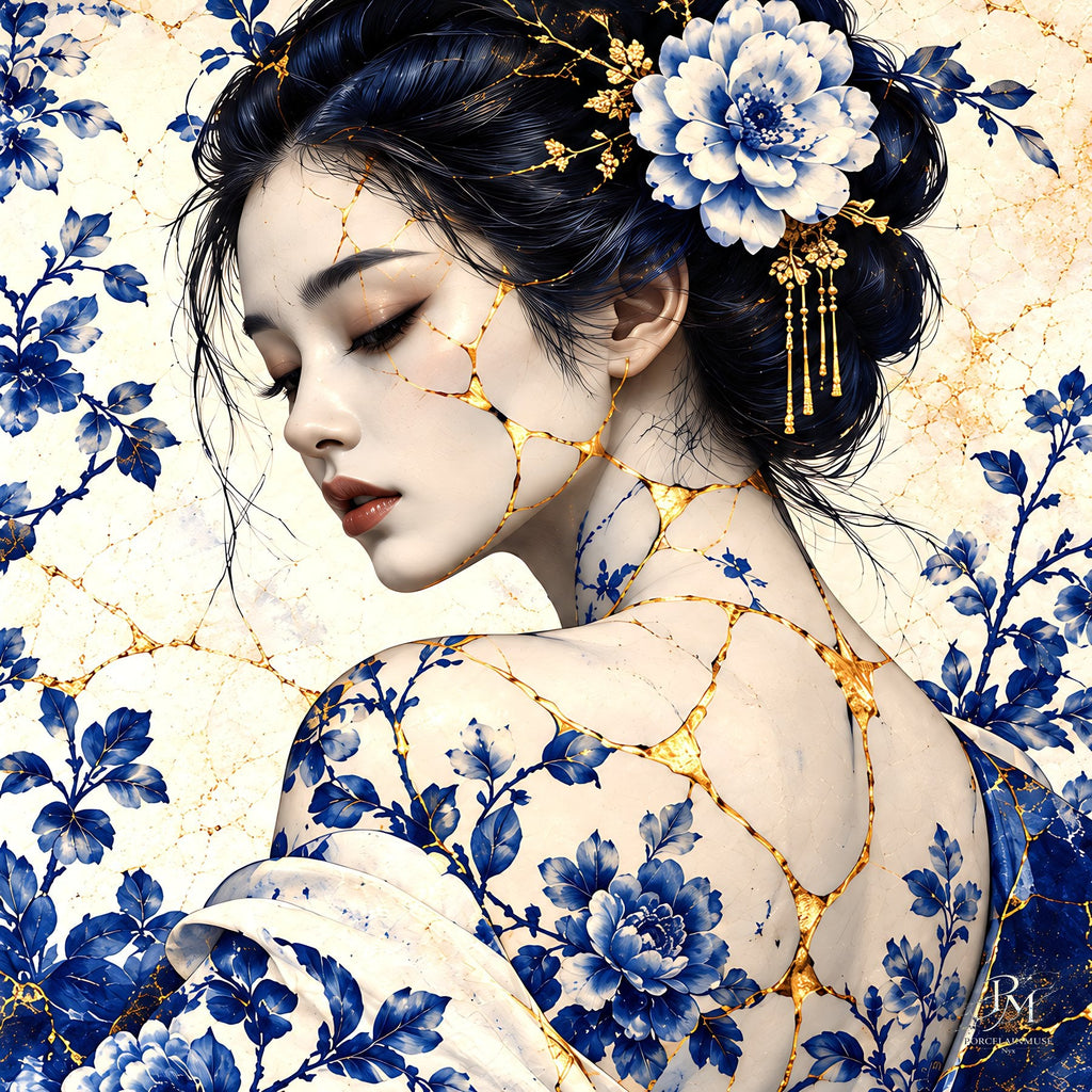Golden Bloom of Blue Porcelain — Porcelain Canvas Art — PorcelainMuse