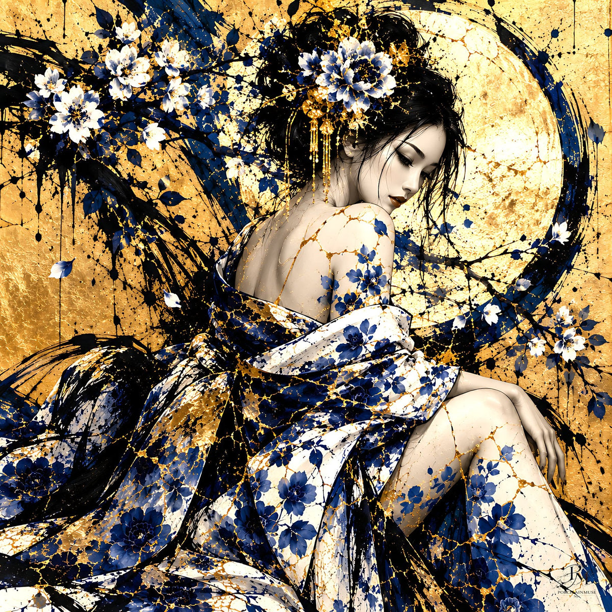 Beneath the Golden Moon — Kintsugi Geisha Limited-Edition Metal Print — PorcelainMuse