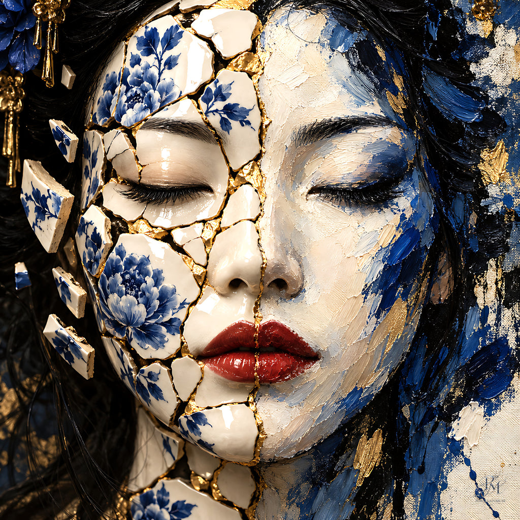 Where Porcelain Meets Paint — Split-Face Kintsugi Limited-Edition Metal Print — PorcelainMuse