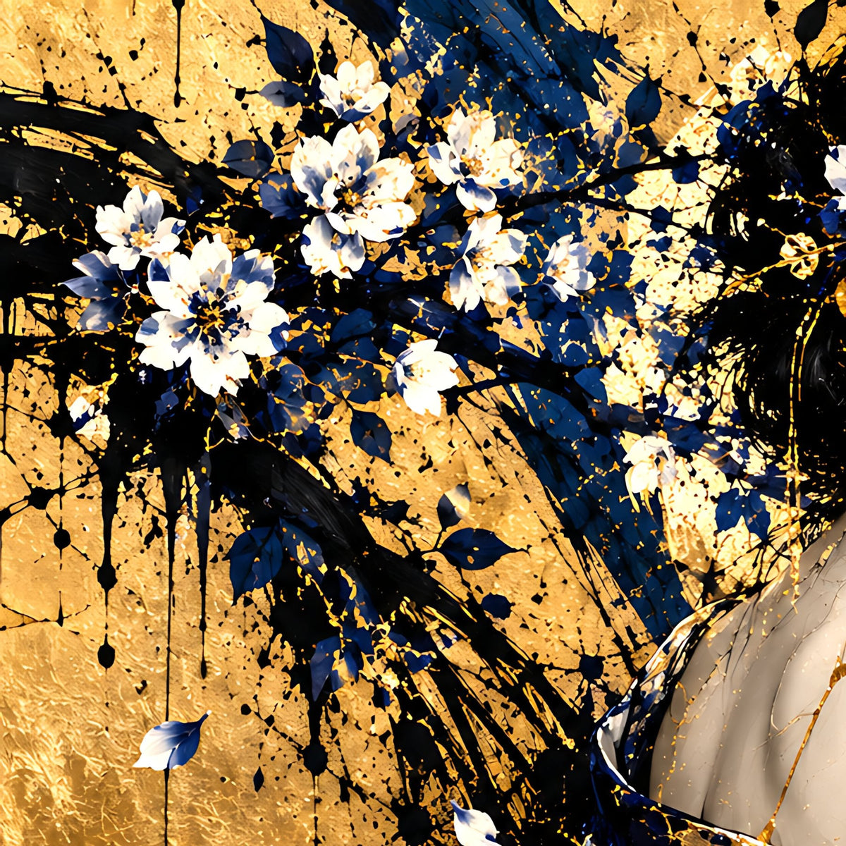 Beneath the Golden Moon — Kintsugi Geisha Limited-Edition Metal Print — PorcelainMuse — cherry blossom detail