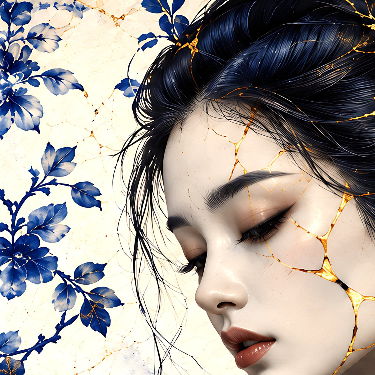 Golden Bloom of Blue Porcelain — Porcelain Canvas Art — PorcelainMuse — face detail