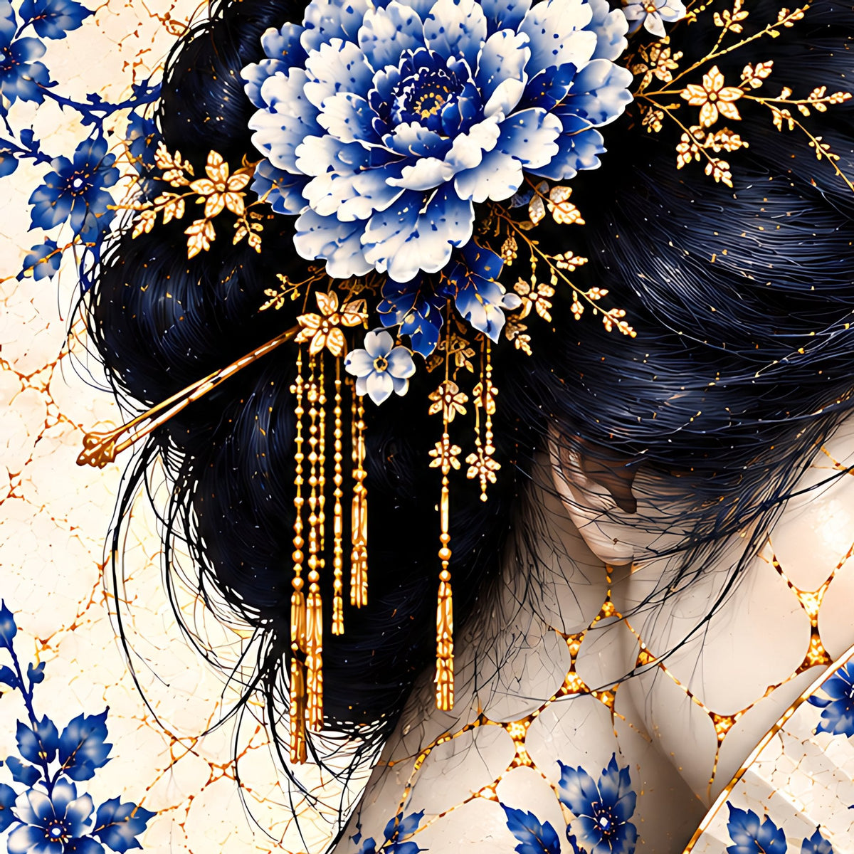 Whispers Behind the Fan — Kintsugi Geisha Limited-Edition Metal Print — PorcelainMuse — hair ornament detail