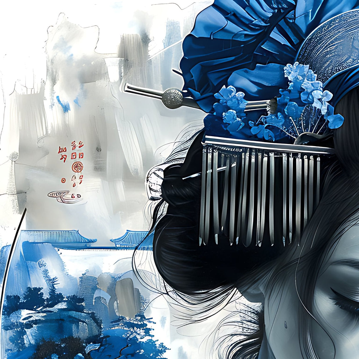 Close-up of the ornate kanzashi hair comb and blue blossoms