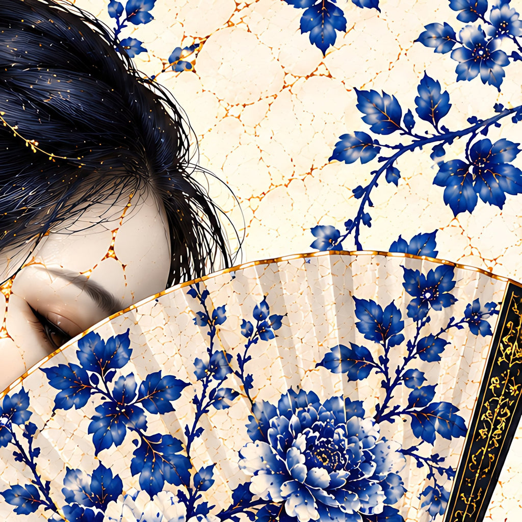 Whispers Behind the Fan — Kintsugi Geisha Limited-Edition Metal Print — PorcelainMuse — painted fan detail