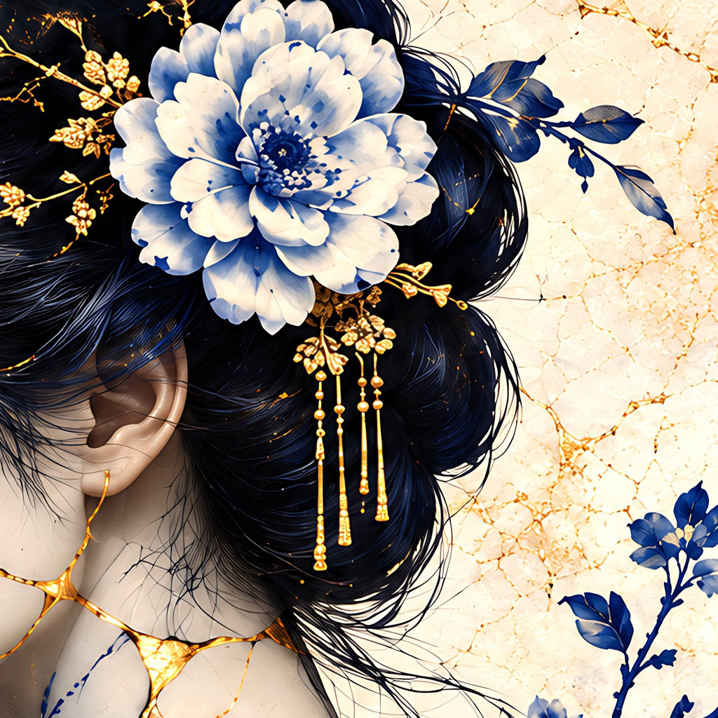 Golden Bloom of Blue Porcelain — Porcelain Canvas Art — PorcelainMuse — floral crown detail