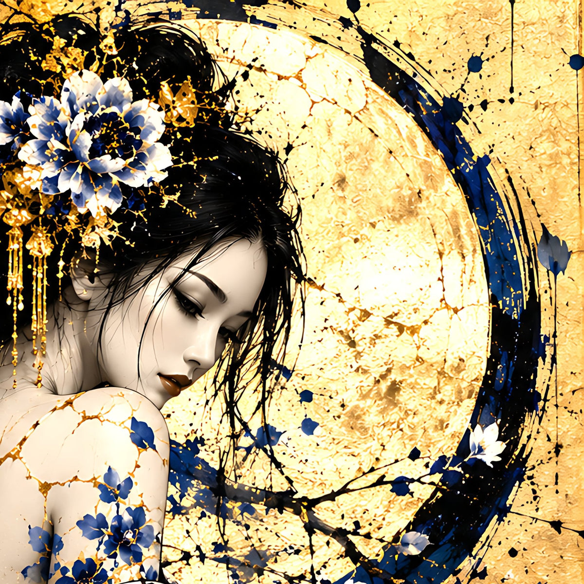 Beneath the Golden Moon — Kintsugi Geisha Limited-Edition Metal Print — PorcelainMuse — face and moon detail