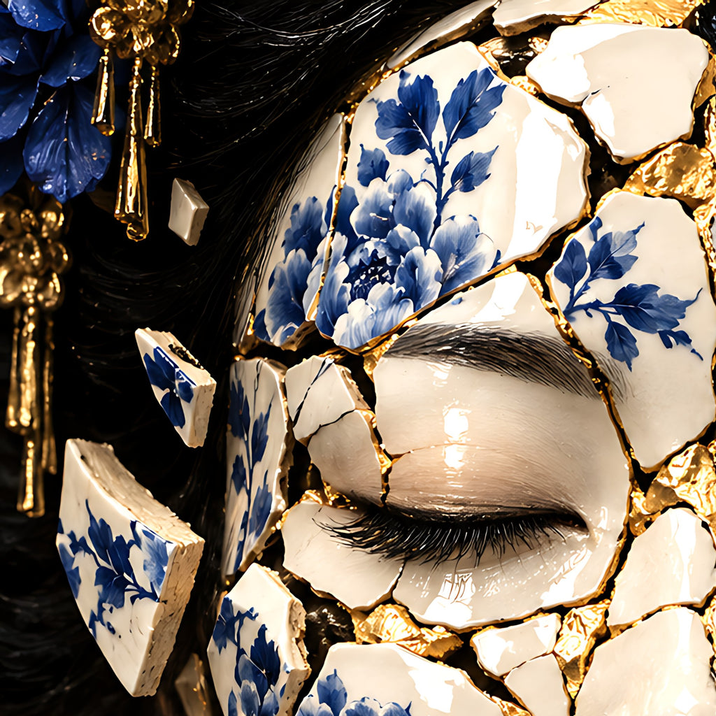 Where Porcelain Meets Paint — Split-Face Kintsugi Limited-Edition Metal Print — PorcelainMuse — cracked porcelain eye with gold kintsugi detail