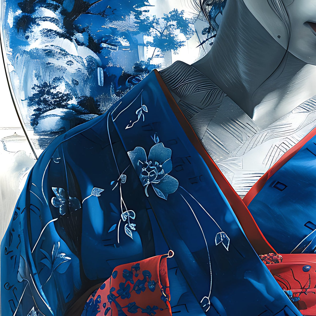 Close-up of the geisha's face and blue kimono shoulder