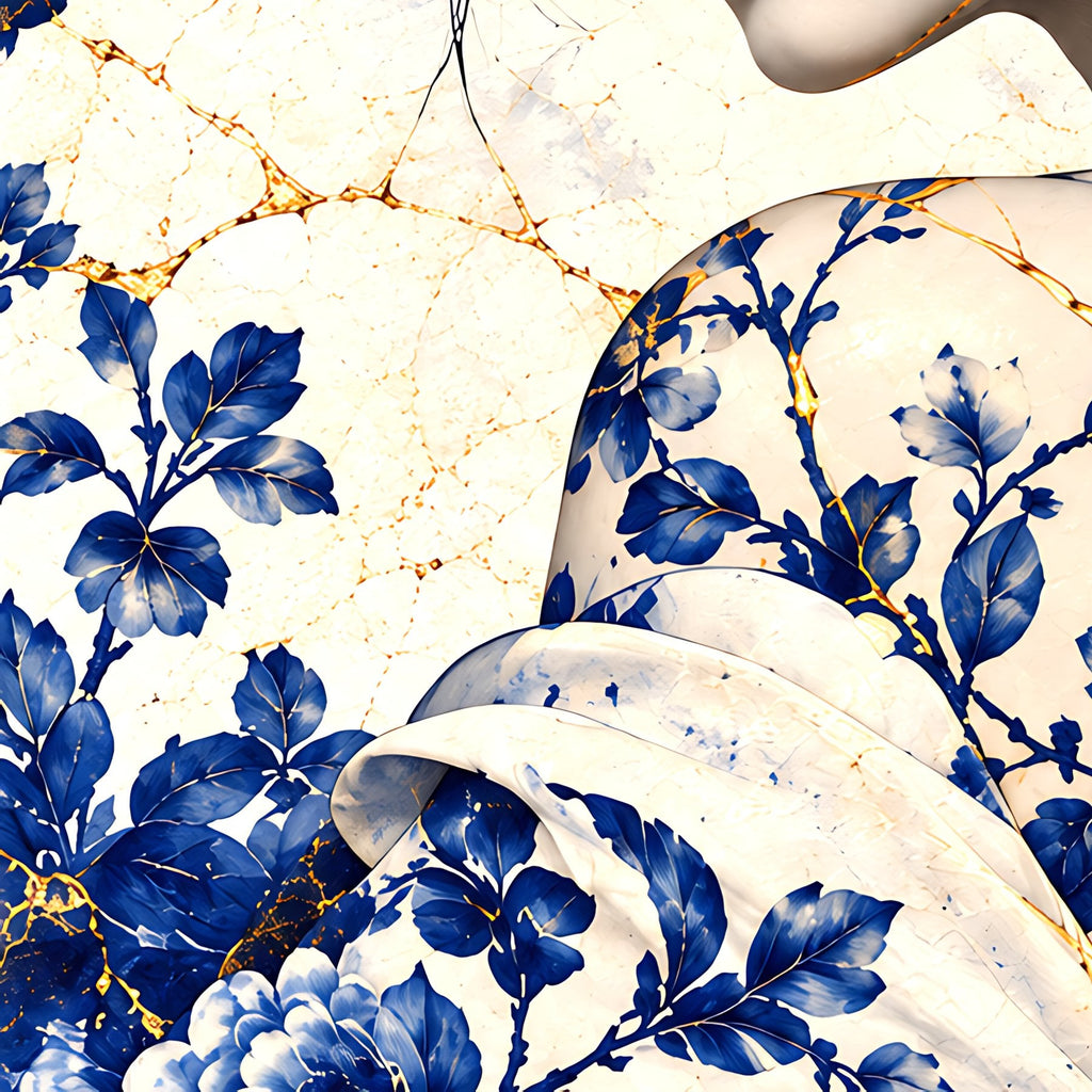 Golden Bloom of Blue Porcelain — Porcelain Canvas Art — PorcelainMuse — kintsugi shoulder detail