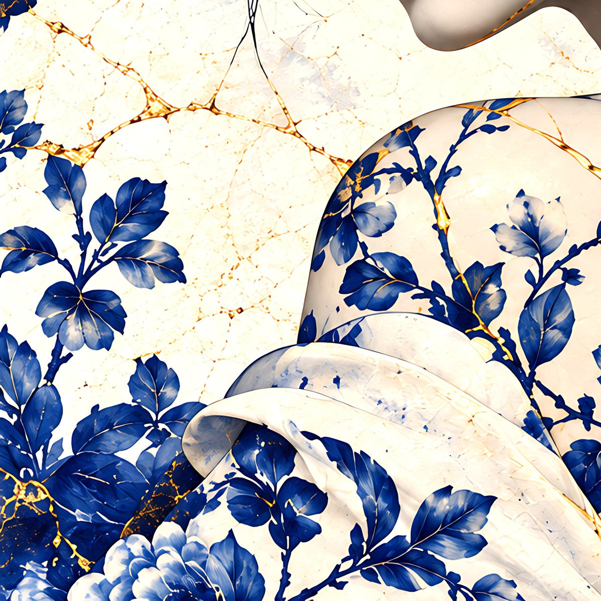 Golden Bloom of Blue Porcelain — Porcelain Canvas Art — PorcelainMuse — kintsugi shoulder detail