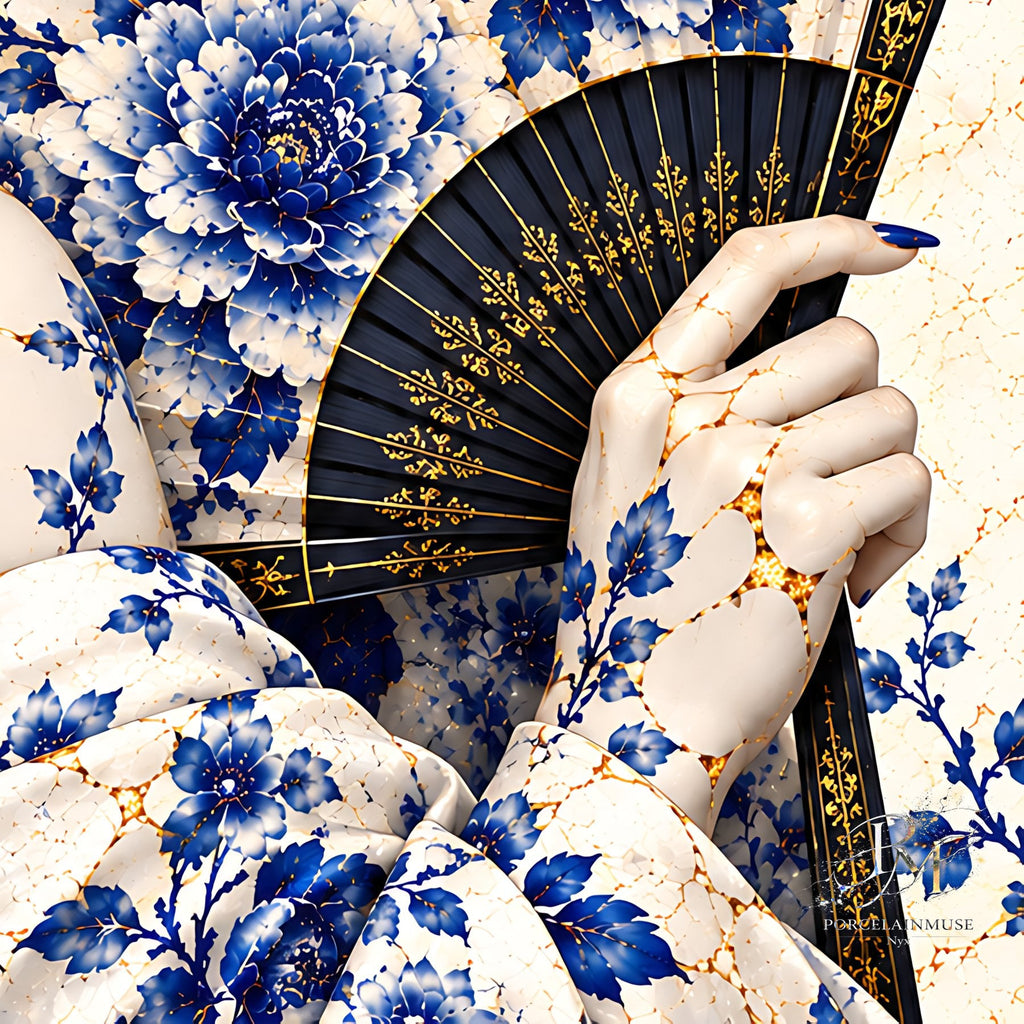 Whispers Behind the Fan — Kintsugi Geisha Limited-Edition Metal Print — PorcelainMuse — kintsugi shoulder detail