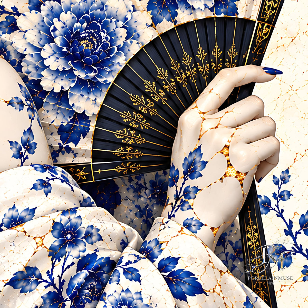 Whispers Behind the Fan — Kintsugi Geisha Limited-Edition Metal Print — PorcelainMuse — kintsugi shoulder detail