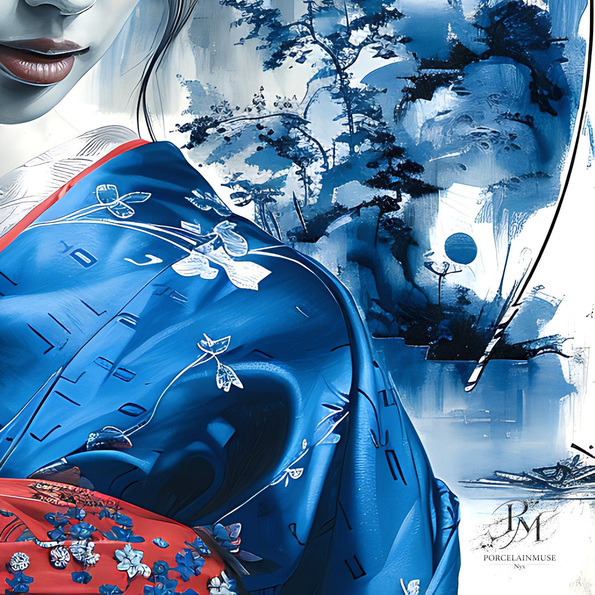 Close-up of the kimono sleeve and red obi detail