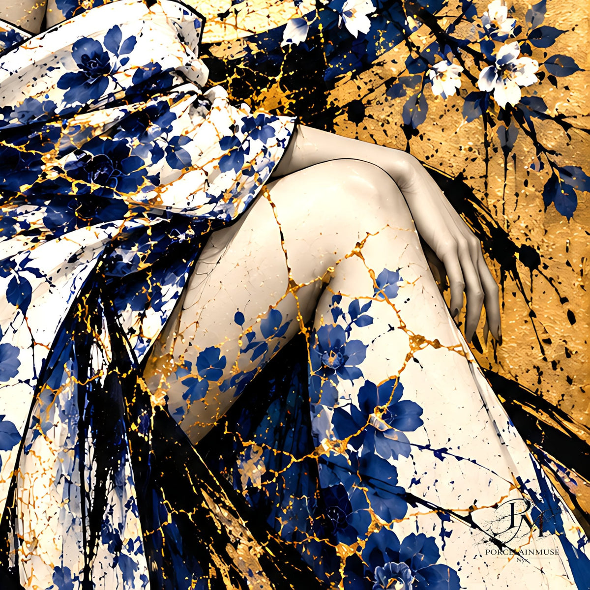 Beneath the Golden Moon — Kintsugi Geisha Limited-Edition Metal Print — PorcelainMuse — hand and kintsugi detail