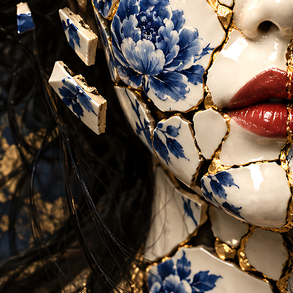 Where Porcelain Meets Paint — Split-Face Kintsugi Limited-Edition Metal Print — PorcelainMuse — red lips and blue porcelain peony detail