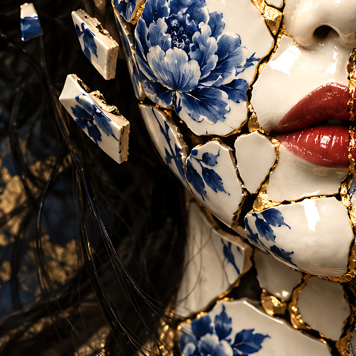 Where Porcelain Meets Paint — Split-Face Kintsugi Limited-Edition Metal Print — PorcelainMuse — red lips and blue porcelain peony detail