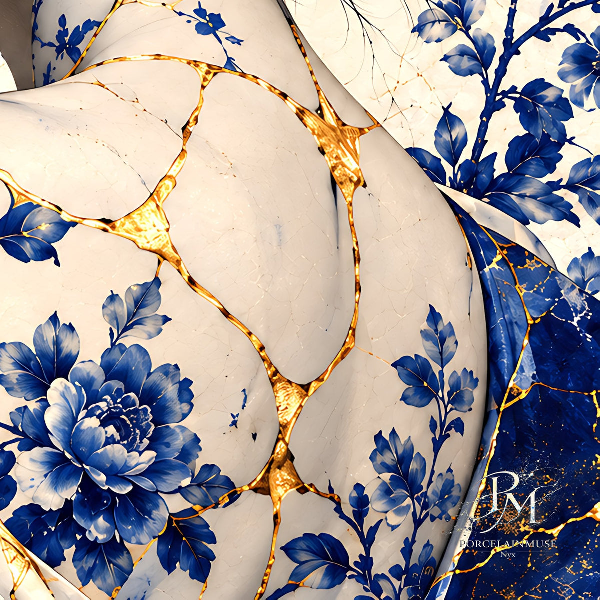 Golden Bloom of Blue Porcelain — Porcelain Canvas Art — PorcelainMuse — porcelain pattern detail