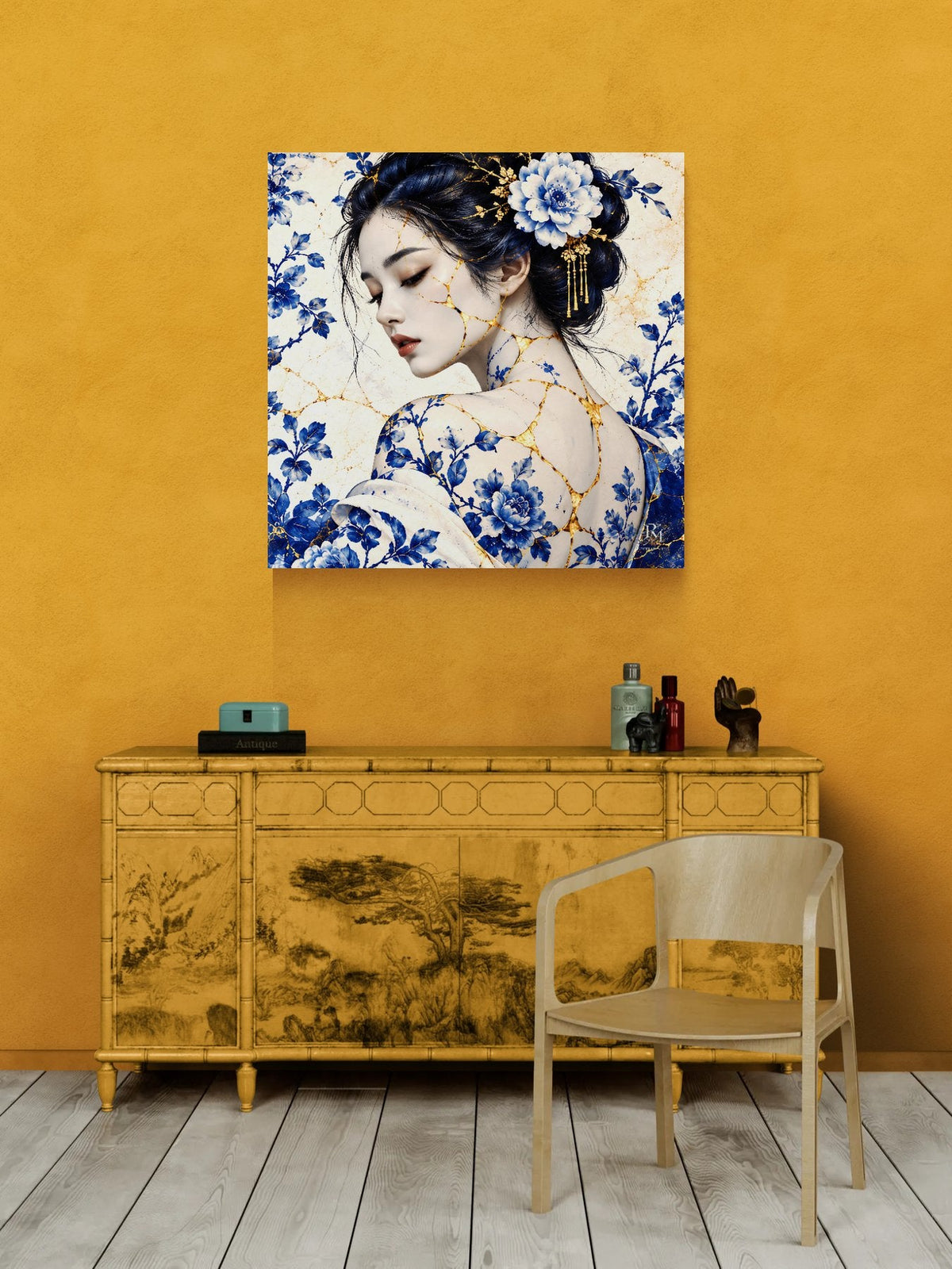 Golden Bloom of Blue Porcelain — Porcelain Canvas Art — PorcelainMuse — lifestyle on mustard wall