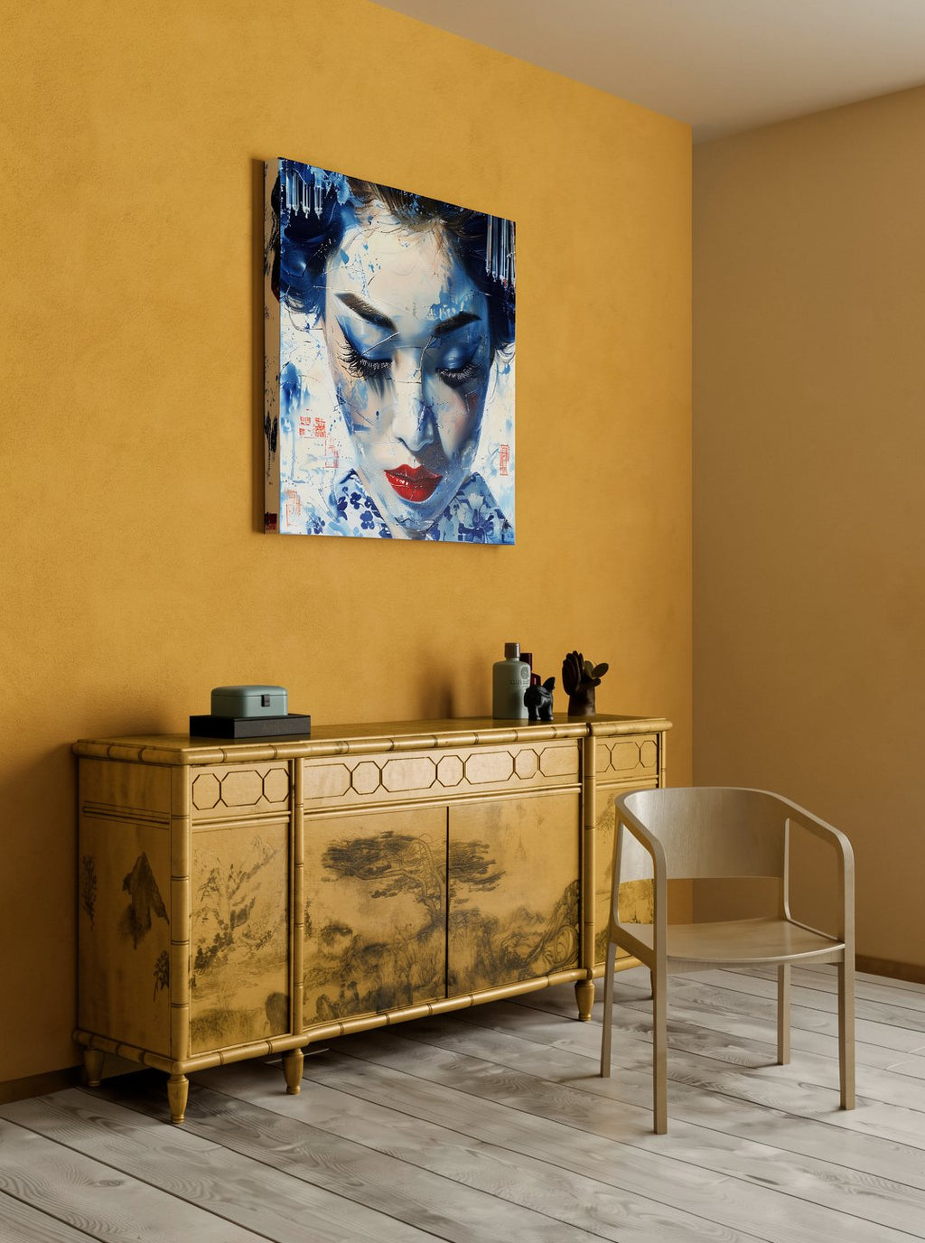 Frozen in Porcelain canvas displayed on a mustard wall, lifestyle view
