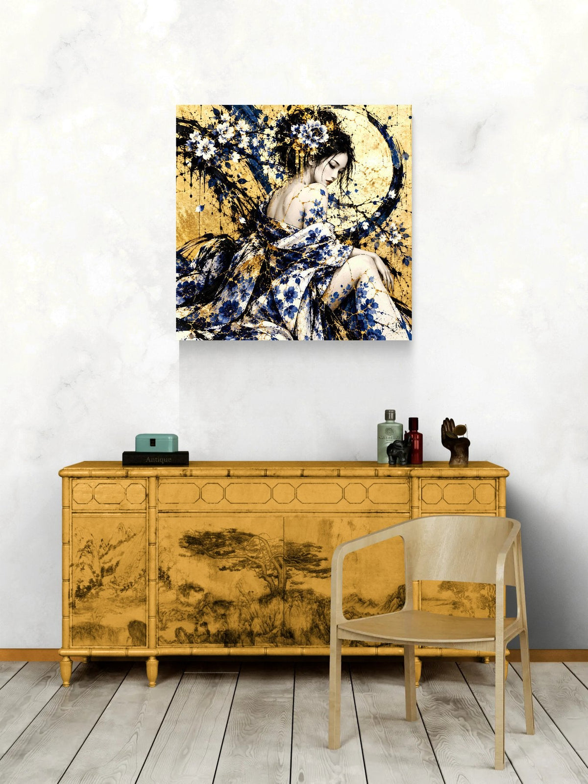 Beneath the Golden Moon — Kintsugi Geisha Limited-Edition Metal Print — PorcelainMuse — lifestyle on wall