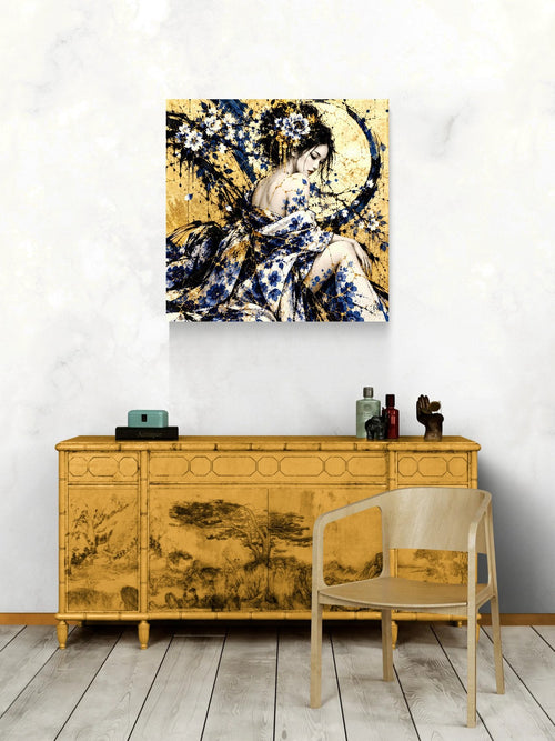 Beneath the Golden Moon — Kintsugi Geisha Limited-Edition Metal Print — PorcelainMuse — lifestyle on wall