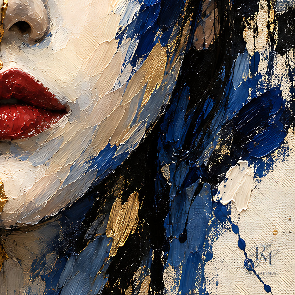 Where Porcelain Meets Paint — Split-Face Kintsugi Limited-Edition Metal Print — PorcelainMuse — lips, impasto and artist signature detail