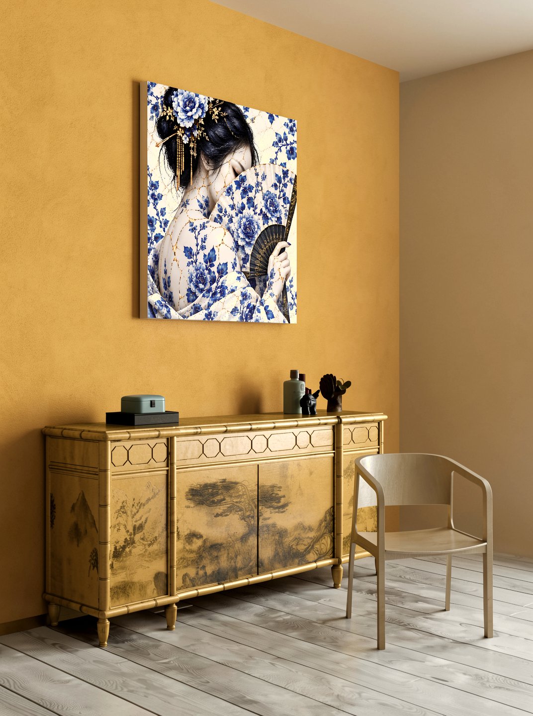 Whispers Behind the Fan — Kintsugi Geisha Limited-Edition Metal Print — PorcelainMuse — lifestyle on wall