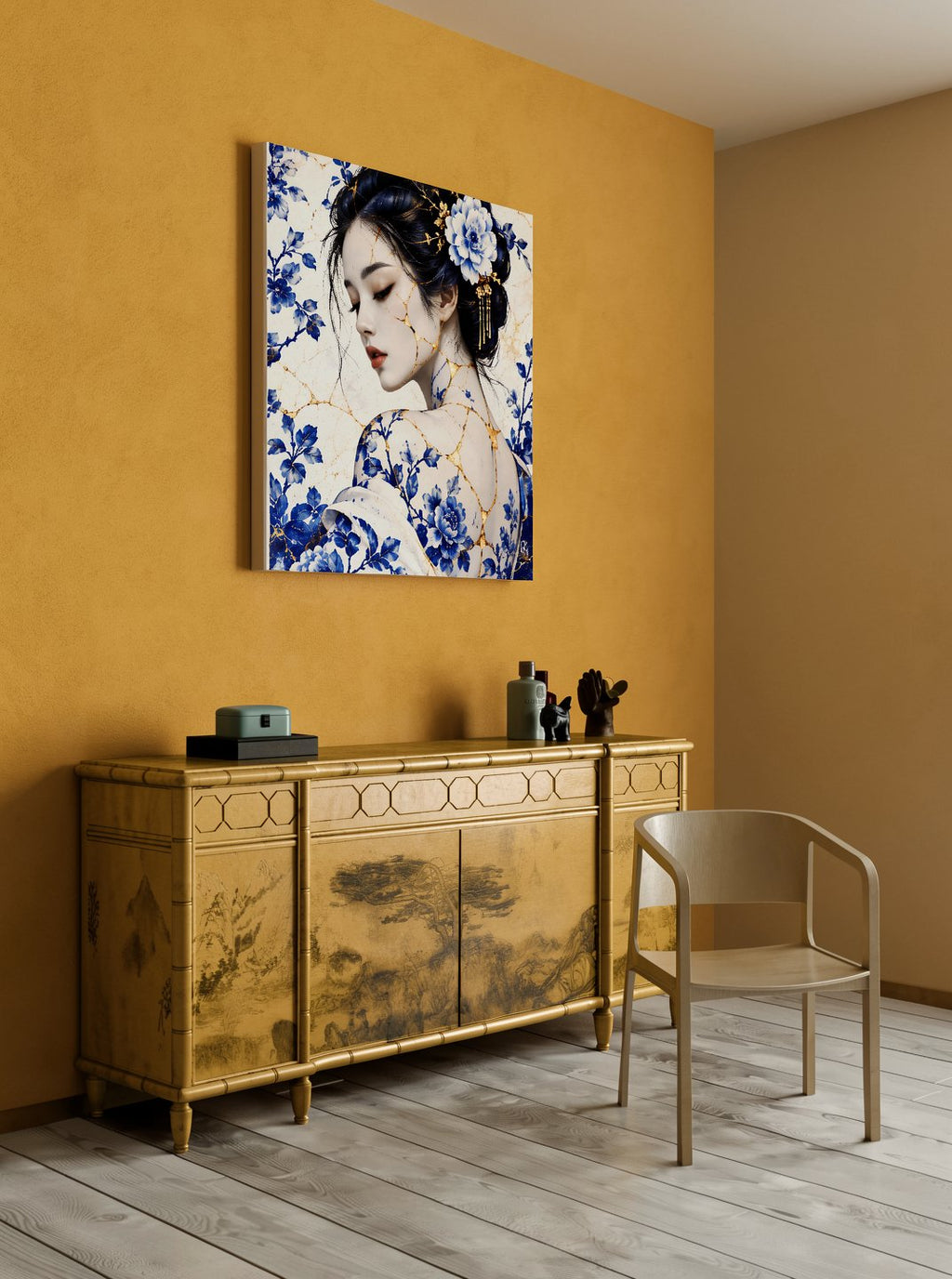 Golden Bloom of Blue Porcelain — Porcelain Canvas Art — PorcelainMuse — lifestyle vertical