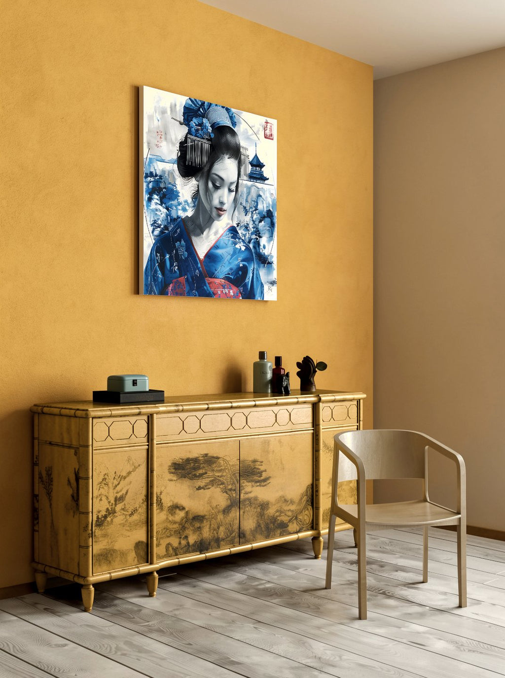 Beneath the Azure Pagoda canvas displayed on a mustard wall, lifestyle view