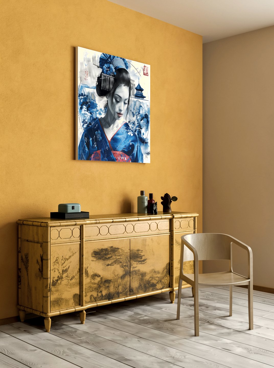 Beneath the Azure Pagoda canvas displayed on a mustard wall, lifestyle view