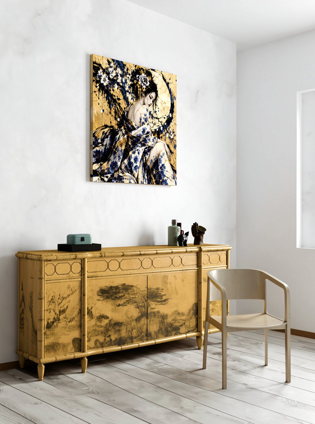 Beneath the Golden Moon — Kintsugi Geisha Limited-Edition Metal Print — PorcelainMuse — lifestyle vertical