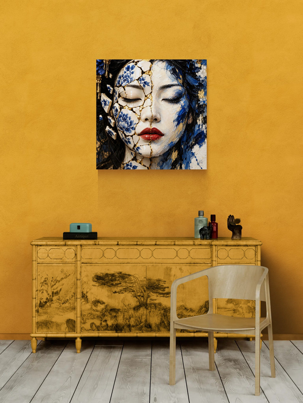 Where Porcelain Meets Paint — Split-Face Kintsugi Limited-Edition Metal Print — PorcelainMuse — lifestyle yellow wall interior