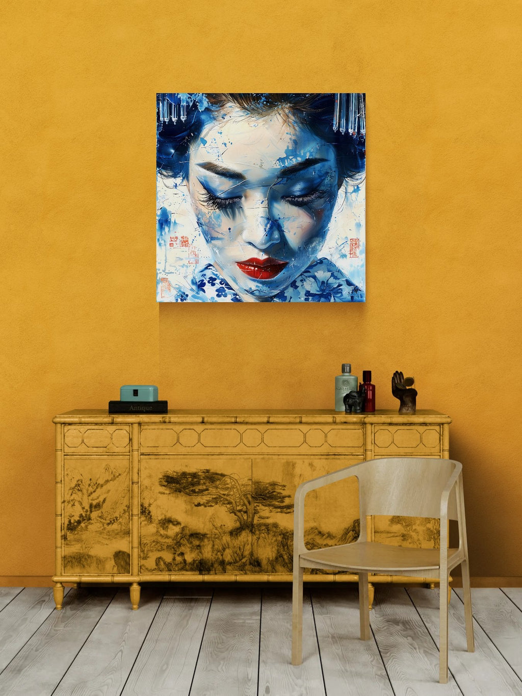 Frozen in Porcelain canvas displayed vertically on a mustard wall