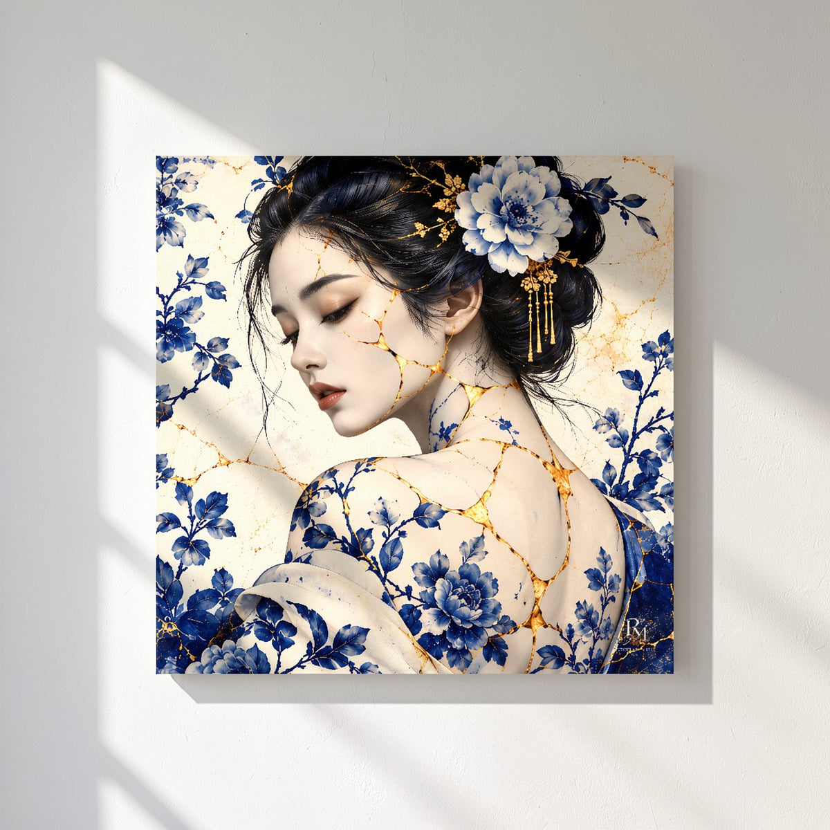 Golden Bloom of Blue Porcelain — Porcelain Canvas Art — PorcelainMuse — lifestyle on white wall