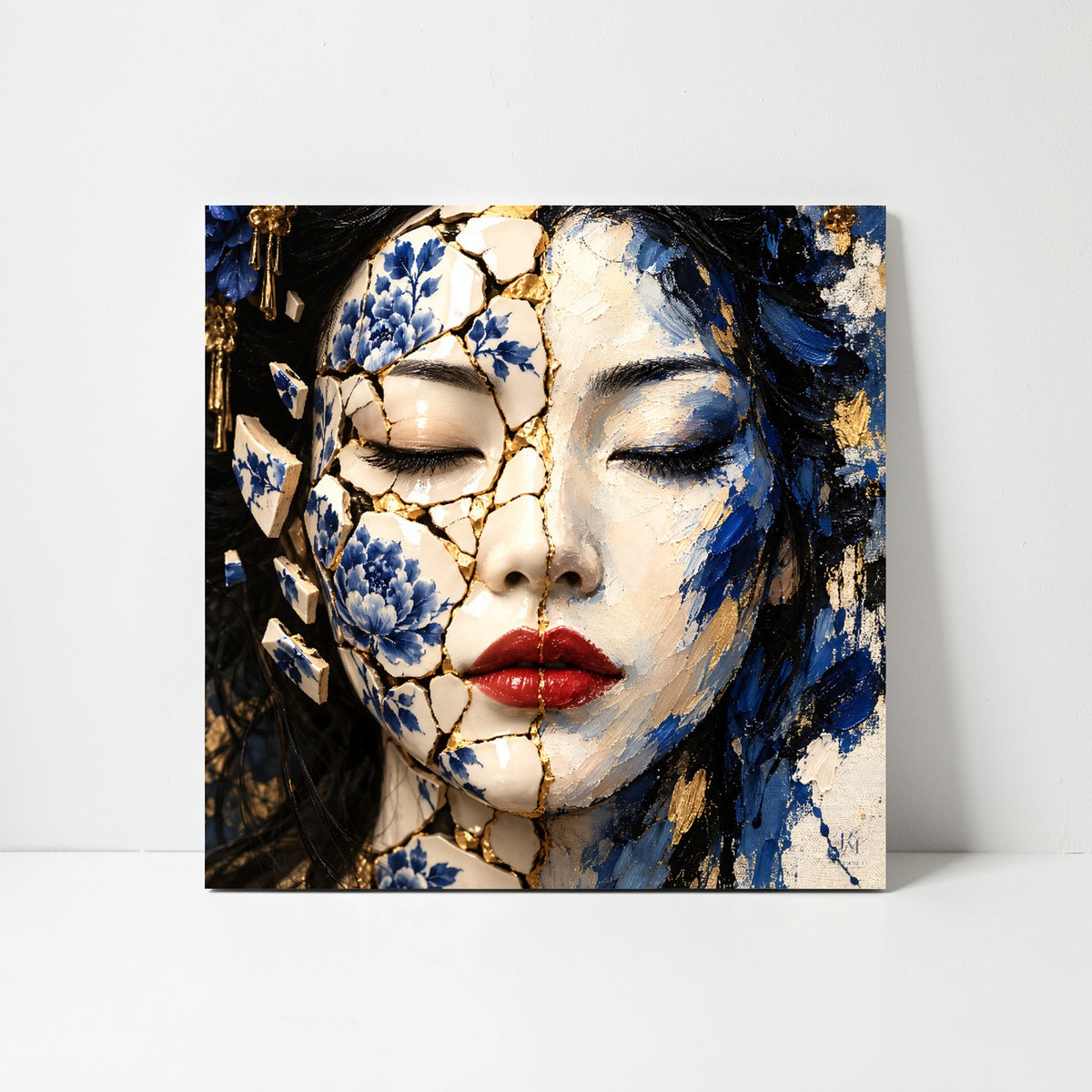 Where Porcelain Meets Paint — Split-Face Kintsugi Limited-Edition Metal Print — PorcelainMuse — lifestyle leaning on white wall