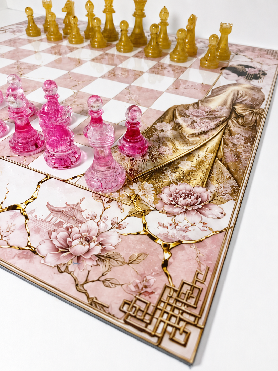 Pink Porcelain Chess Set, Geisha Collector Board