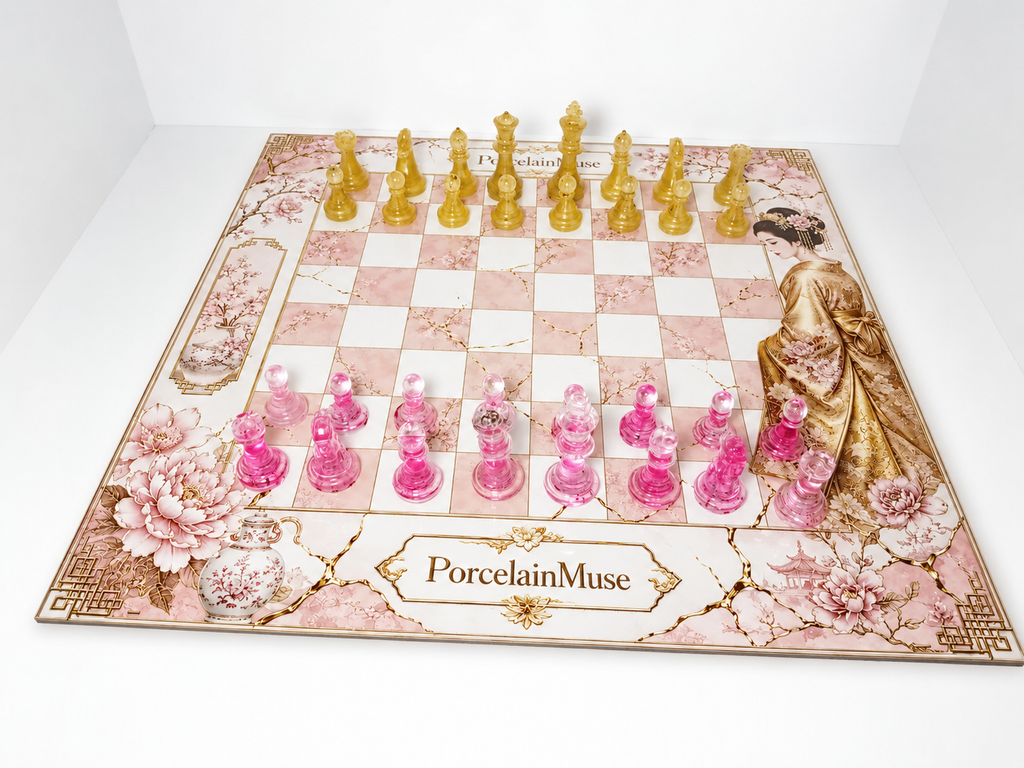 Pink Porcelain Chess Set, Geisha Collector Board