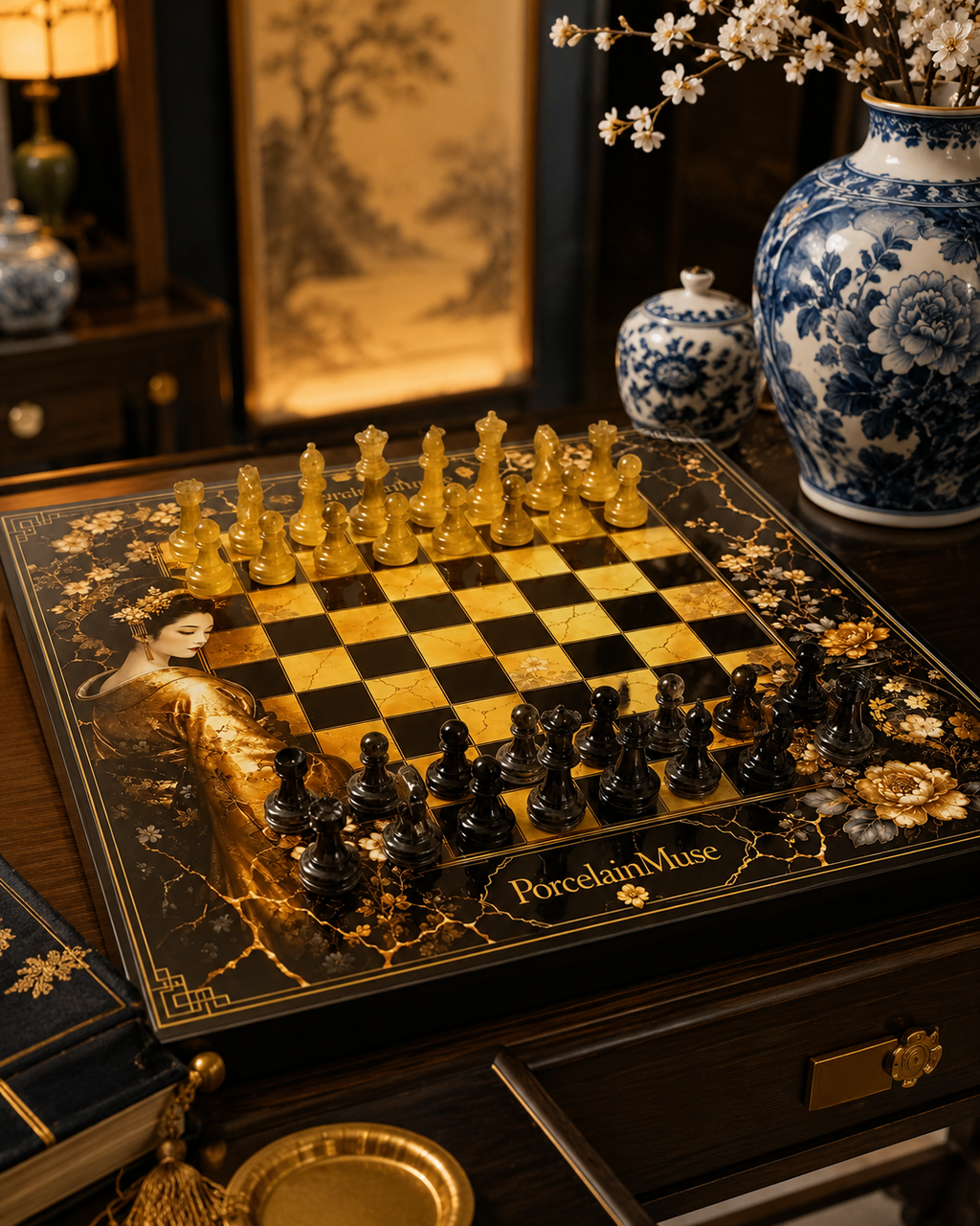 Black Gold Geisha Chess Set, Kintsugi Collector Board