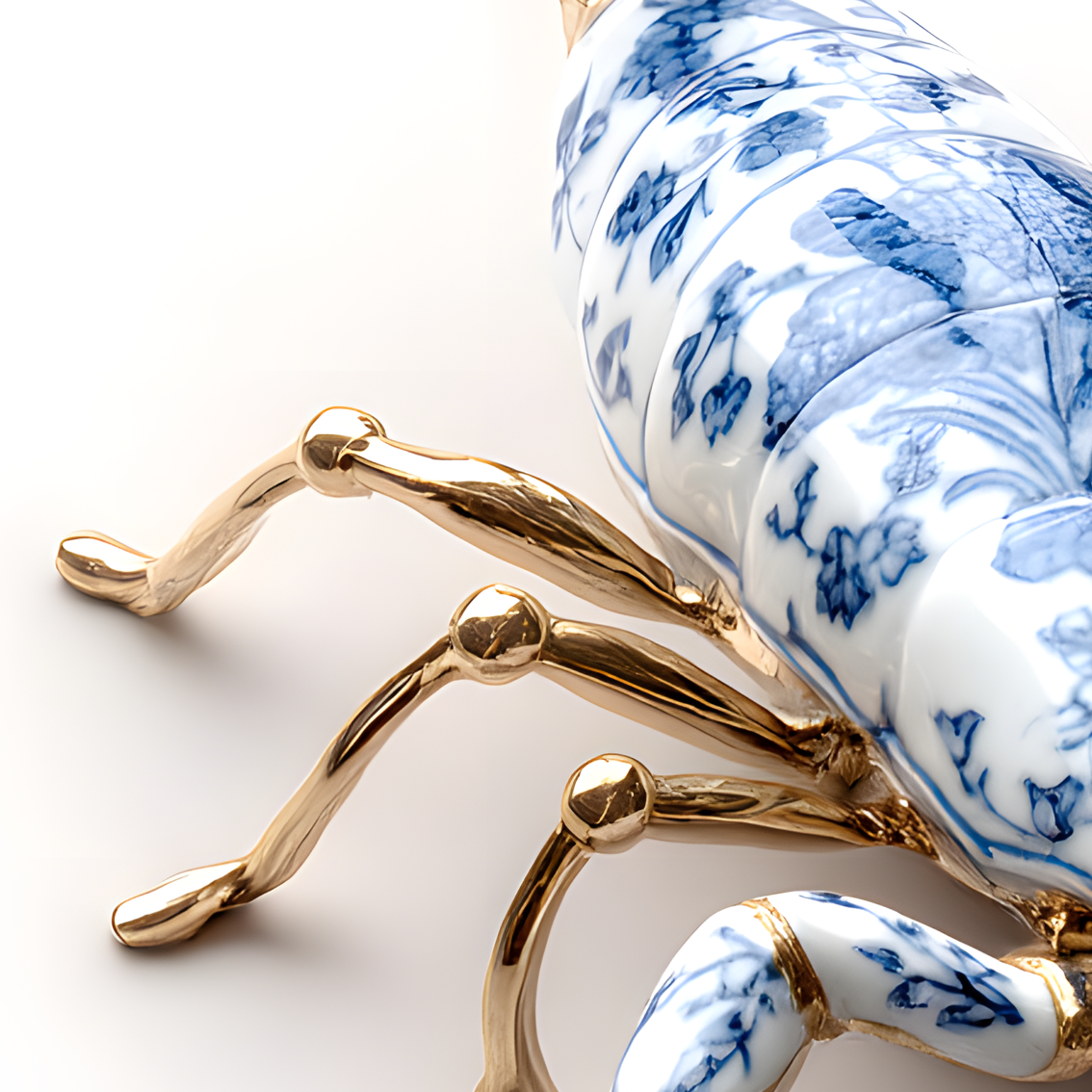Detail of the gold-gilt legs against the cobalt floral body