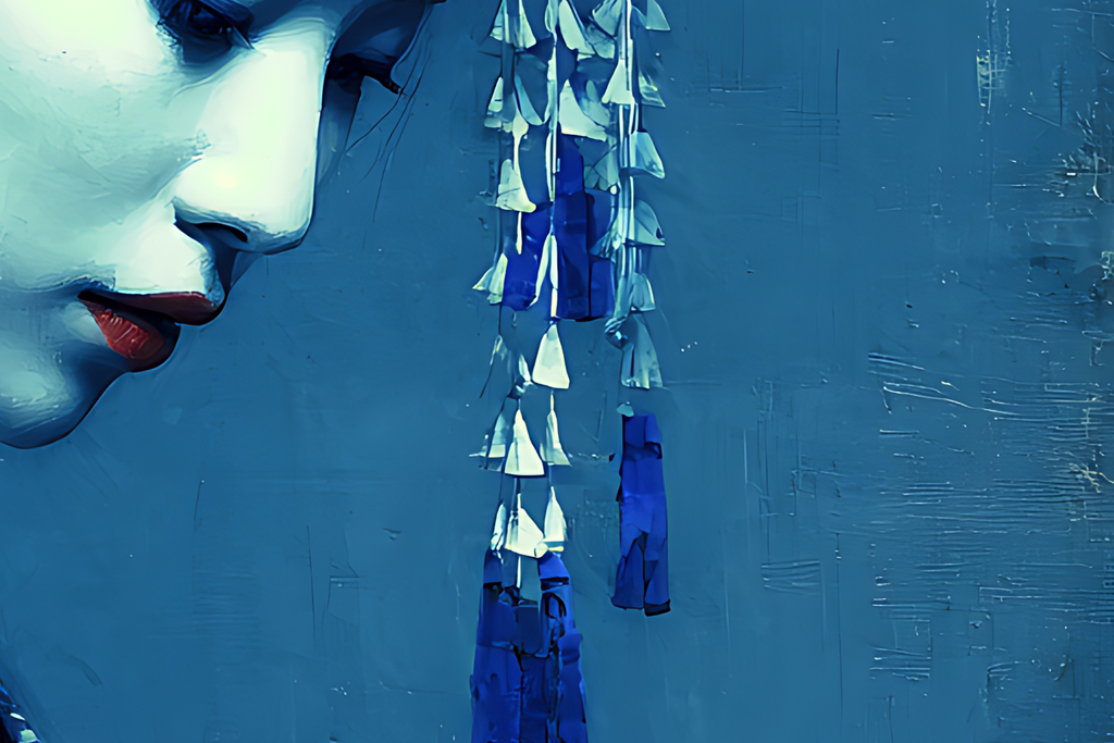 Detail of the face and cascading tassel ornament