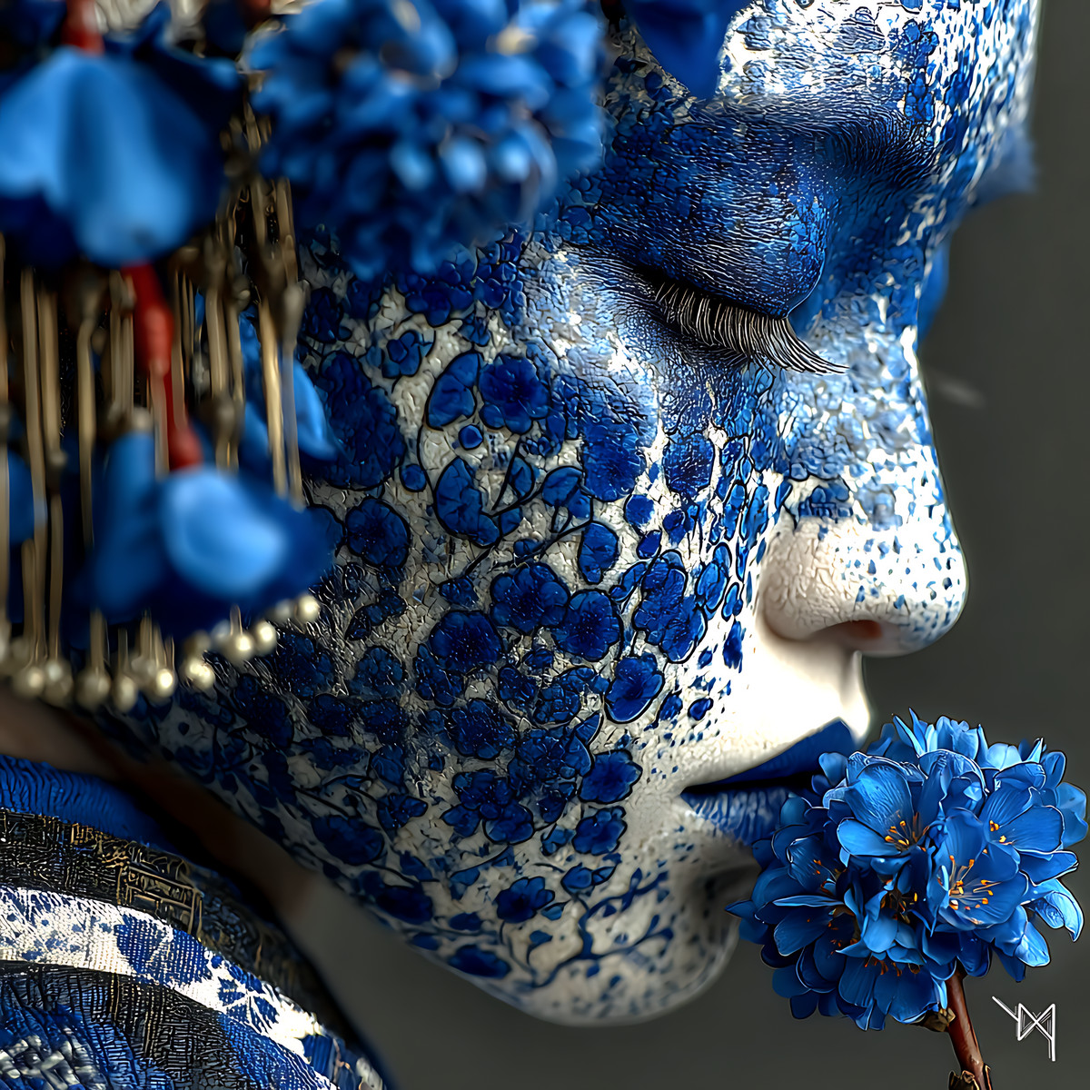 Geisha with the Blue Rose — Porcelain Canvas Art