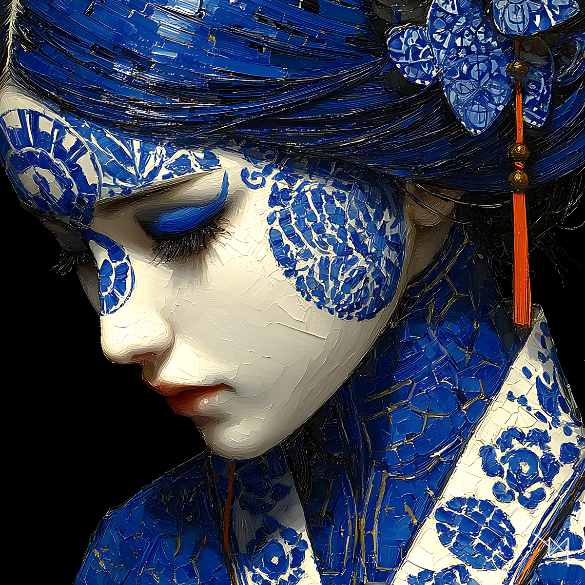 Azure Elegy — Blue Porcelain Geisha Canvas Art