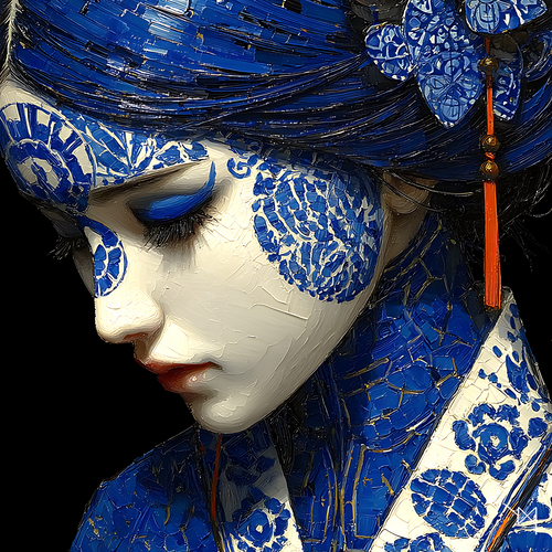Azure Elegy — Blue Porcelain Geisha Canvas Art