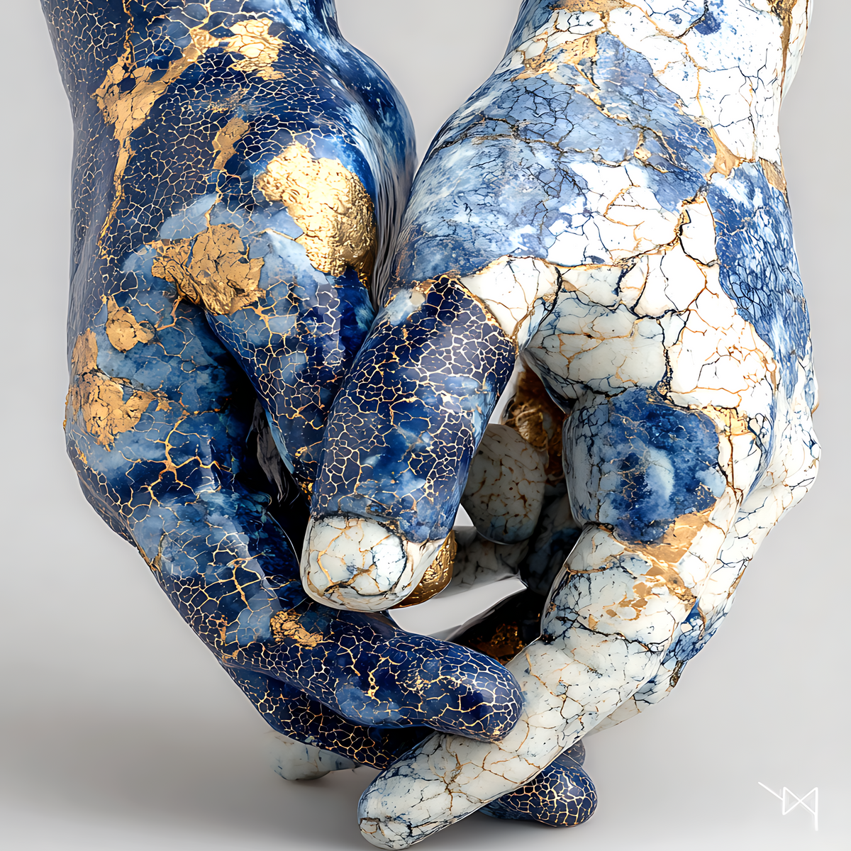 Azure Embrace — Kintsugi Porcelain Hands Canvas Art