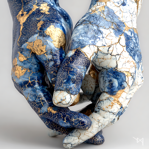 Azure Embrace — Kintsugi Porcelain Hands Canvas Art