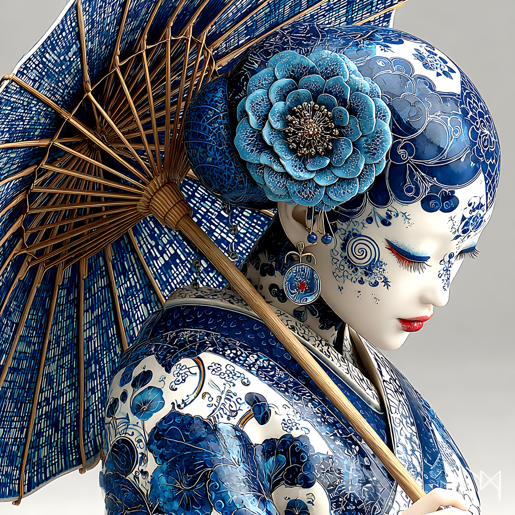 Porcelain Elegance — Beneath the Blue Parasol
