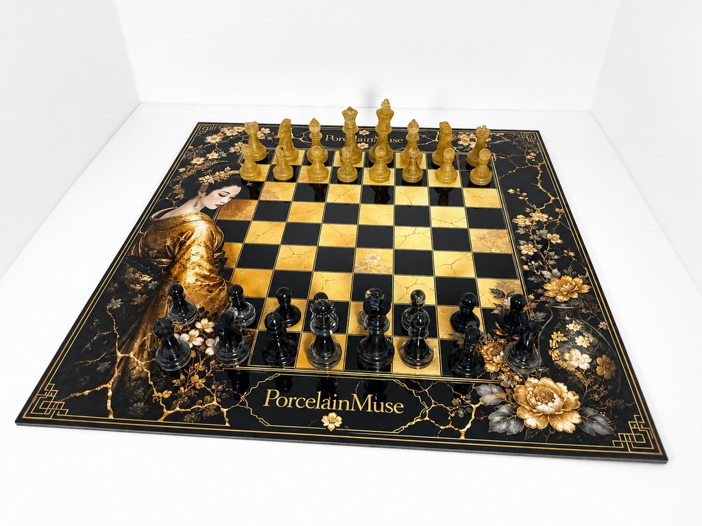 Black Gold Geisha Chess Set, Kintsugi Collector Board